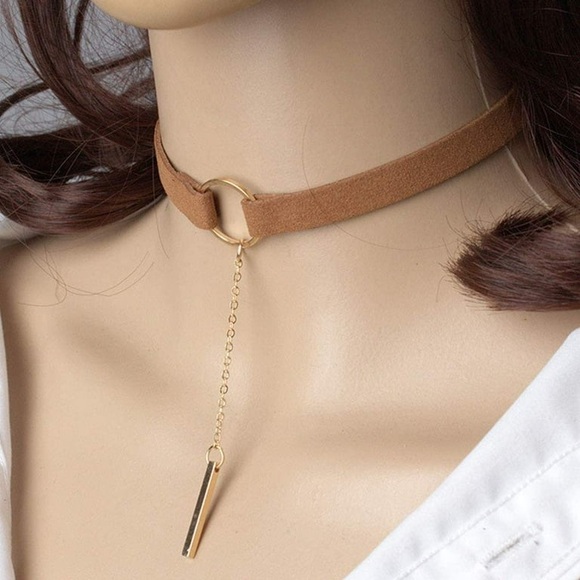 Brown Suede Choker Necklace with Gold Circle and Pendant Chain - Picture 3 of 6